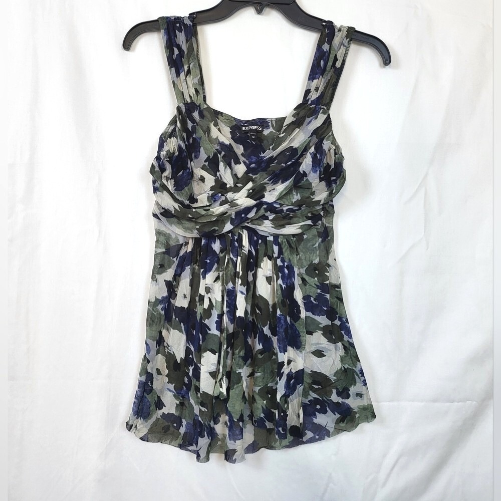 Express Women Y2K Blue Green Floral Sheer Mesh Babydoll Fairy Top Medium Vintage
